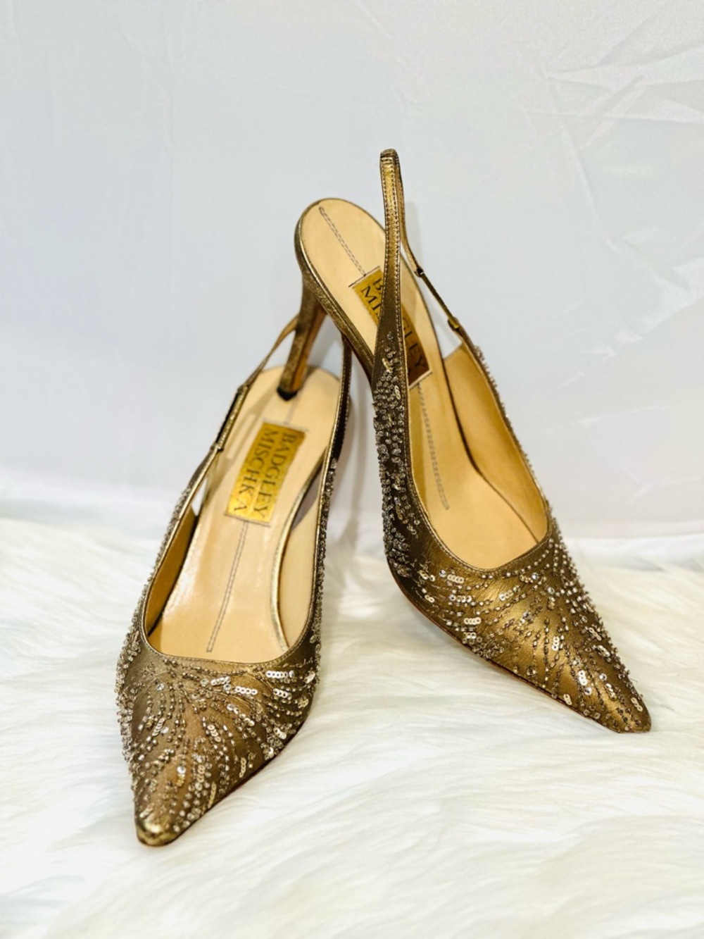 Badgley Mischka Gold Beaded Pointed-Toe Slingback Heels
